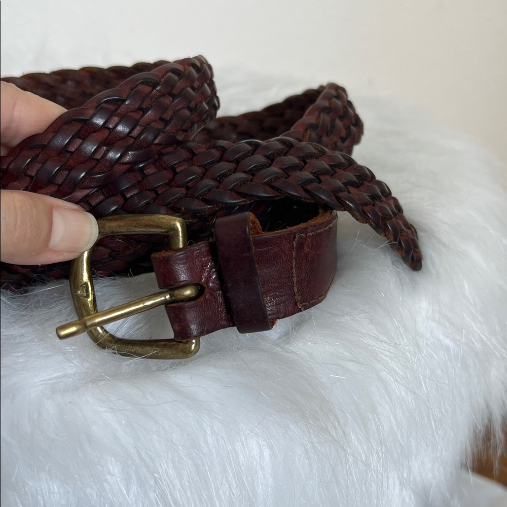 Brown Braided Woven Leather Belt with Aged Brass Buckle